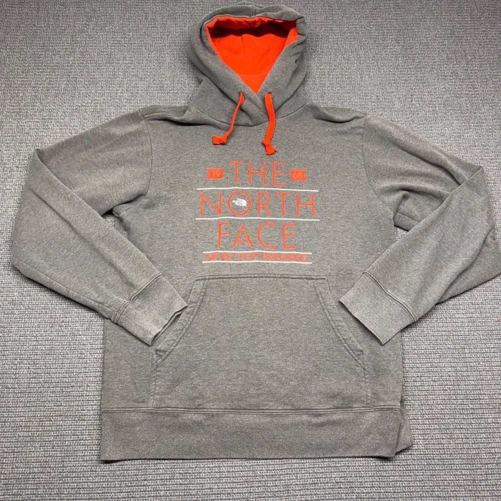 The North Face Mens Grey Orange Graphic Pullover Hoodie Never Stop Exploring Med